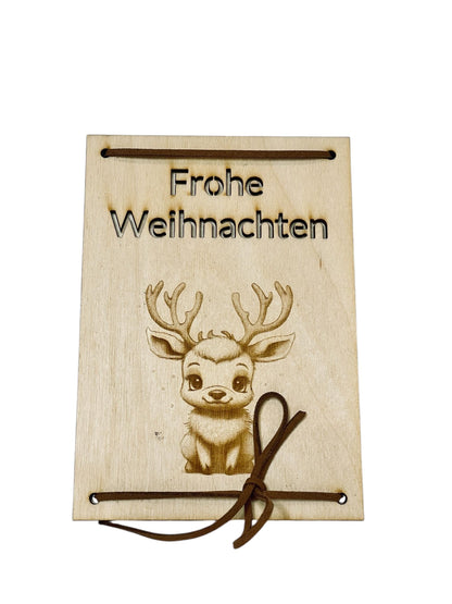 Holz Geschenkkarte Weihnachten mit Gravur – Rentier & „Frohe Weihnachten“ | Geldgeschenk Holz Das Glückswerk