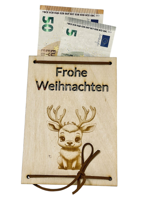 Holz Geschenkkarte Weihnachten mit Gravur – Rentier & „Frohe Weihnachten“ | Geldgeschenk Holz Das Glückswerk