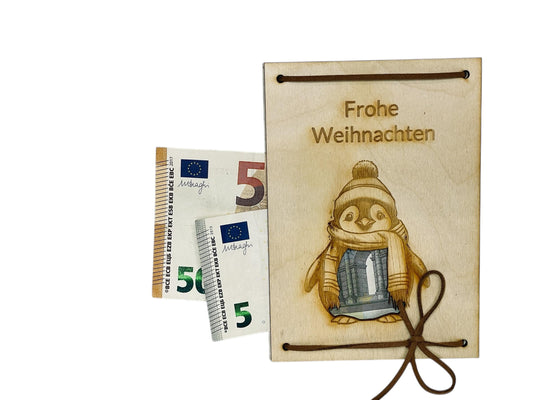 Holz Geschenkkarte Weihnachten – Pinguin mit Geldfach im Bauch | Originelle Geldgeschenk Verpackung Das Glückswerk