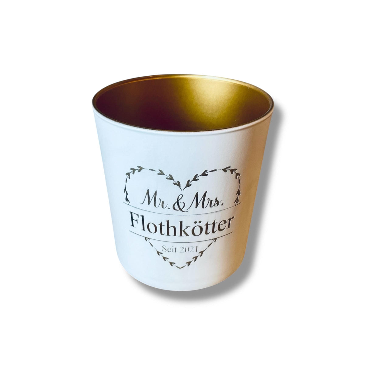 Kerzenglas Mr Mrs personalisiert, weiß Gold mit Namen und Datum, Hochzeitsgeschenk, DasGlueckswerk, Hochzeit & Liebe, Candlestick Holders, glas, Goldlack innen, Gravur