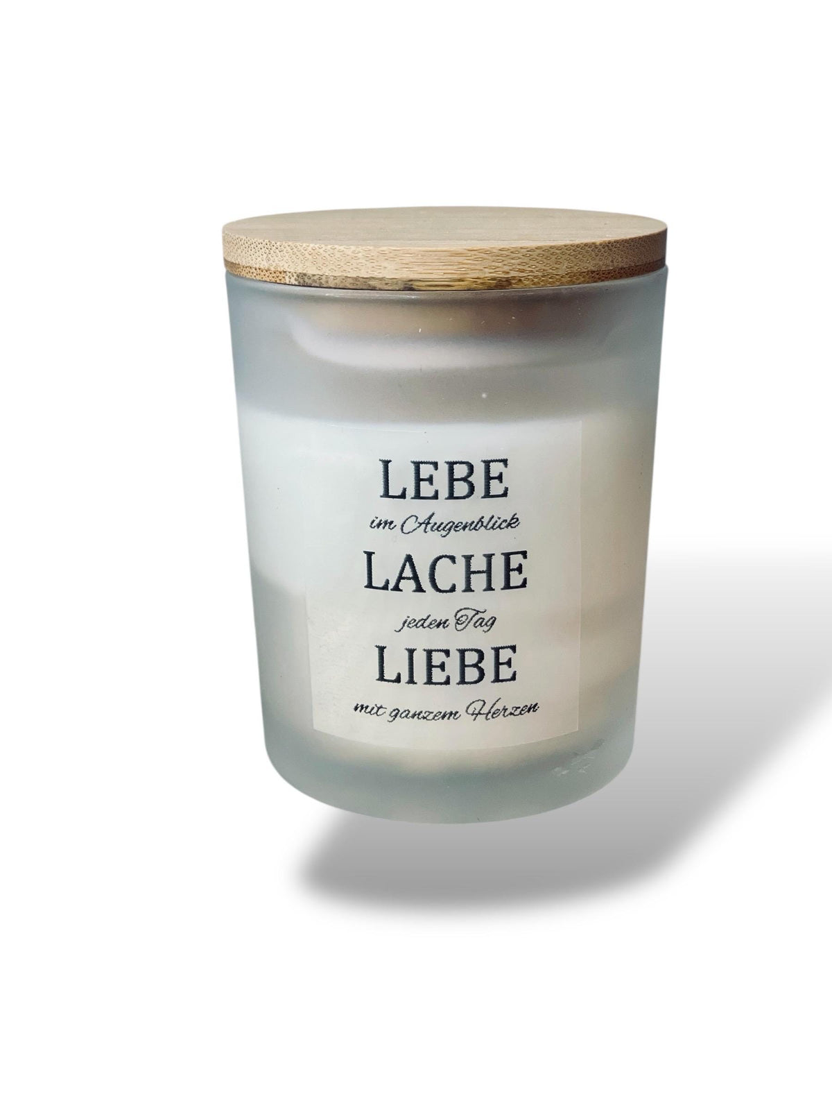 Handgemachte Sojawachs Kerze im Glas mit aholzdeckel und Aufschrift lebe im Augenblick, lache jeden Tag und liebe von ganzem herzen, DasGlueckswerk, Dekoration, Container Candles, Soya, Glas, Holz
