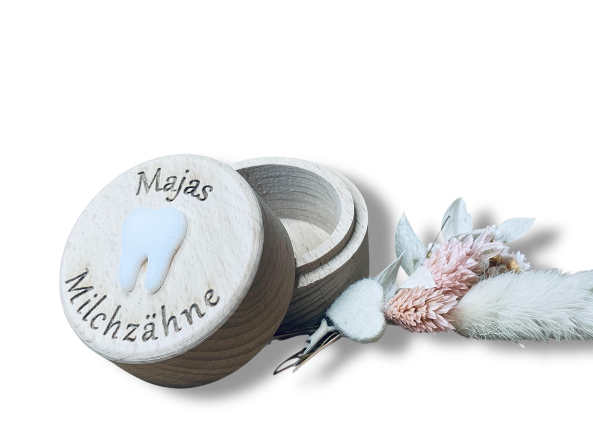 Zahnaufbewahrungsdose Holz personalisiert, Milchzähne Andenken mit Acrylzahn und Gravur, DasGlueckswerk, Geburt & Baby, Teething, Holz, acrylglas