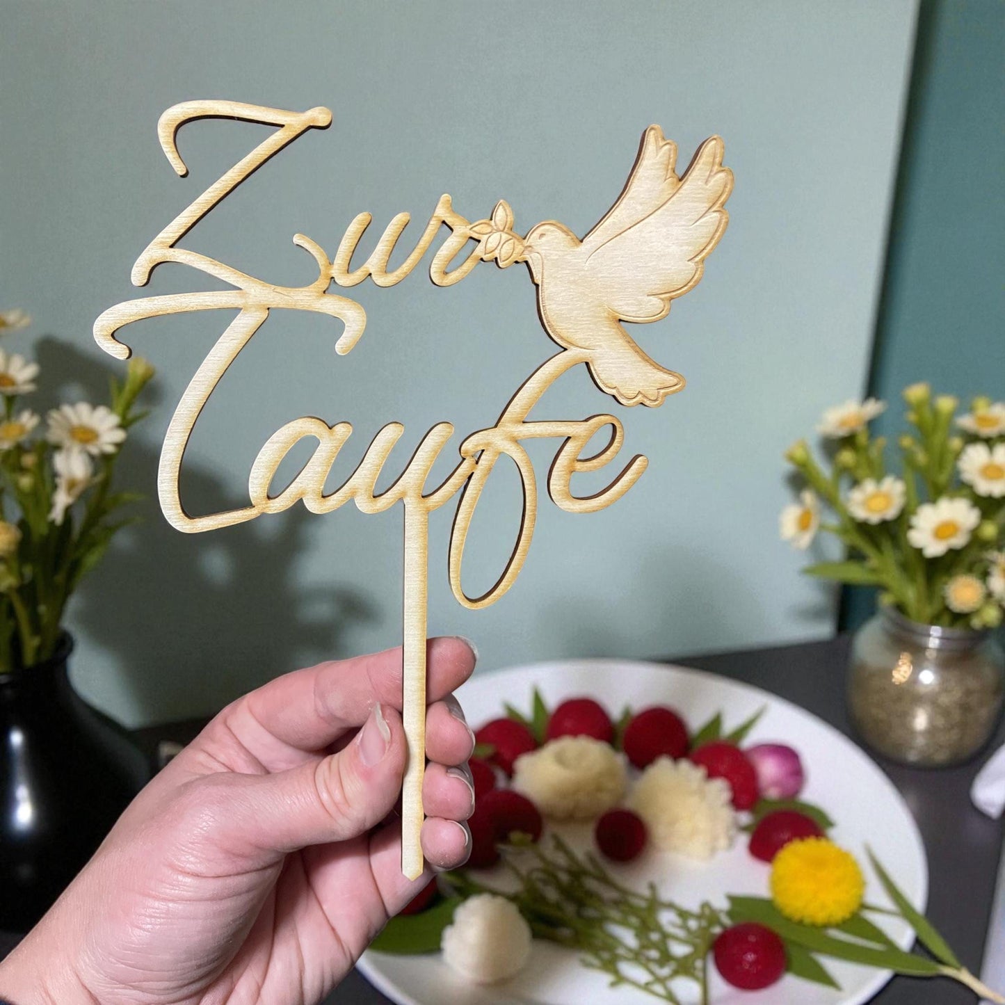 Cake Topper zur Taufe Holz mit Taube – personalisierbar mit Name & Datum – Tauftorte Deko Das Glückswerk
