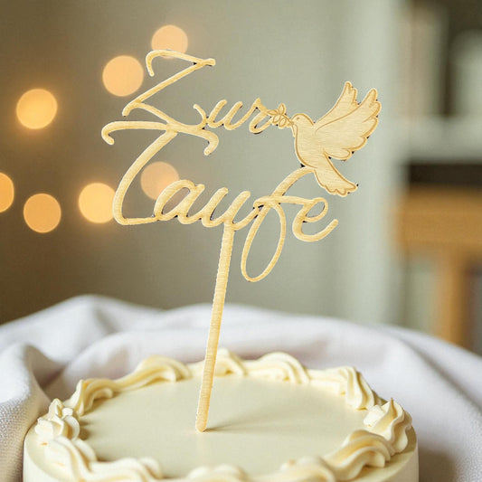 Cake Topper zur Taufe Holz mit Taube – personalisierbar mit Name & Datum – Tauftorte Deko