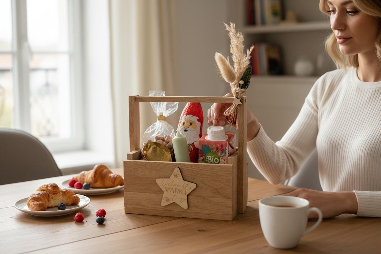 Holzkiste Weihnachtsmarkt-To-Go mit Gravur & Stern, Geschenkset Weihnachten mit Kerze, Schokonikolaus, Punsch, gebrannten Mandeln Das Glückswerk