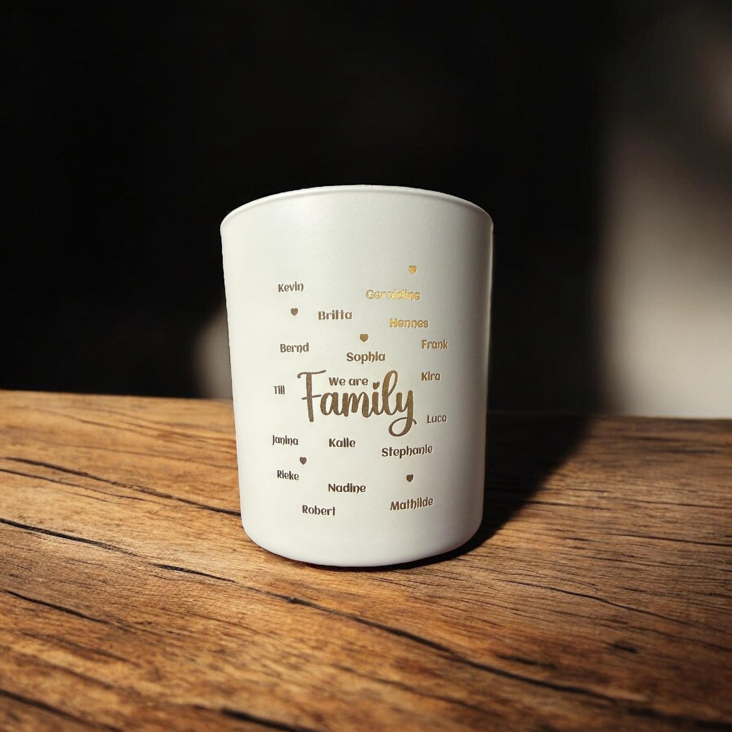 Teelichtglas „We are Family“ – personalisiert mit Namen | Windlicht Familie | Geschenk Eltern Großeltern | Goldschimmer | Familiengeschenk