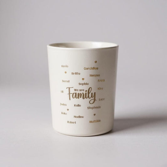Teelichtglas „We are Family“ – personalisiert mit Namen | Windlicht Familie | Geschenk Eltern Großeltern | Goldschimmer | Familiengeschenk