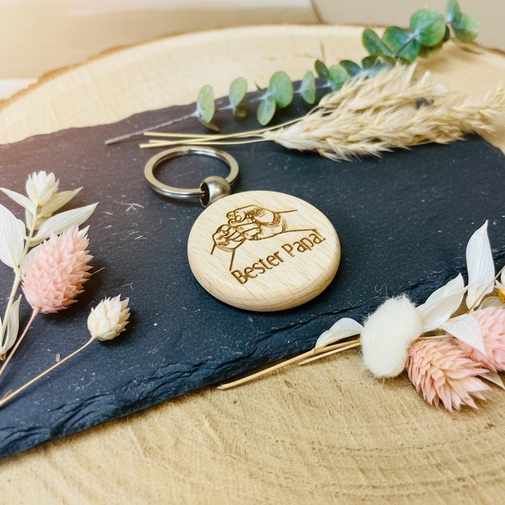 Runder Holz-Schlüsselanhänger mit „Bester Papa“ und Faustgruß Gravur – Das perfekte Vatertagsgeschenk für Papa, DasGlueckswerk, Schlüsselanhänger, Keychains, Holz, metall