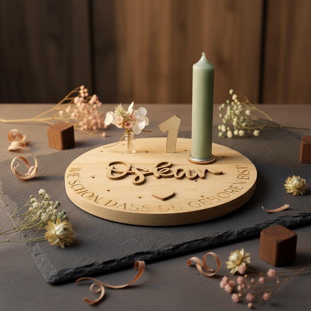 Geburtstagsteller Holz personalisiert mit Name, Steckzahlen 1-9 und Kerze in Wunschfarbe, DasGlueckswerk, Geburtstag, Centerpieces, Holz, wachs