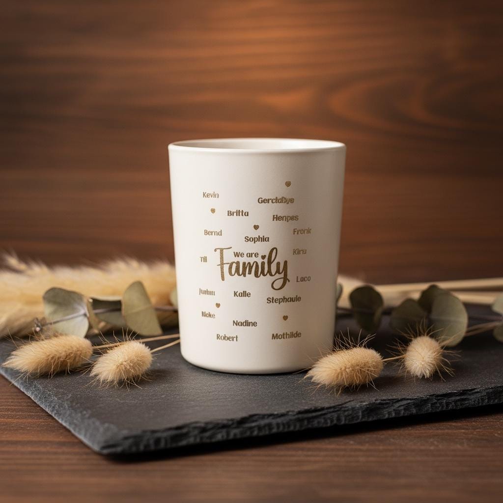 Personalisiertes Familien-Teelichtglas mit Namen – „We Are Family“ Windlicht, Geschenk für Eltern & Großeltern, Teelicht mit Goldschimmer, DasGlueckswerk, Personalisierte Geschenk, Candlestick Holders, glas