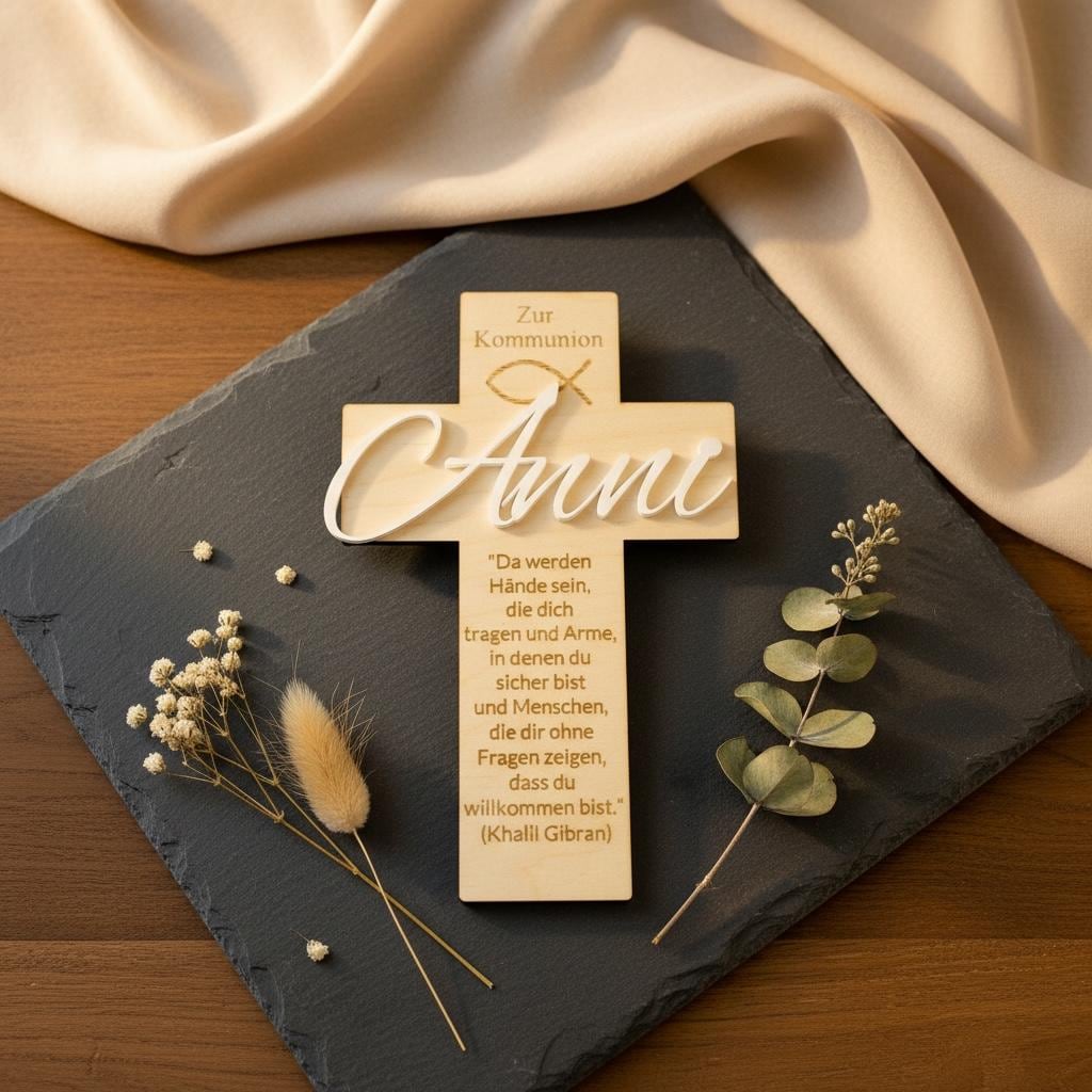 Kreuz Taufe Kommunion aus Holz und Acrylglas mit Namen „Anni“
