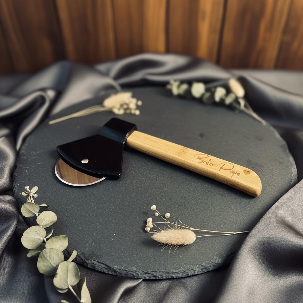 Pizzabeil Deko personalisiert mit Gravur, Pizzaschneider Axtform aus Edelstahl und Holz, Geschenk für Papa, DasGlueckswerk, Geburtstag, Cooking Utensils & Gadgets, holz, edelstahl, plastik