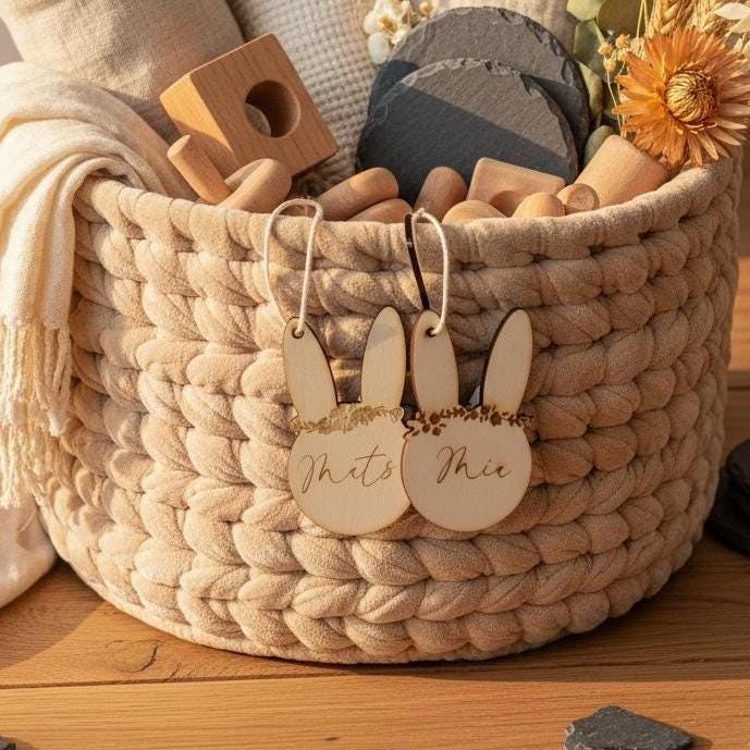 Zwei Osterhasen-Anhänger mit Namensgravur an Korbgriff, Ostergeschenk