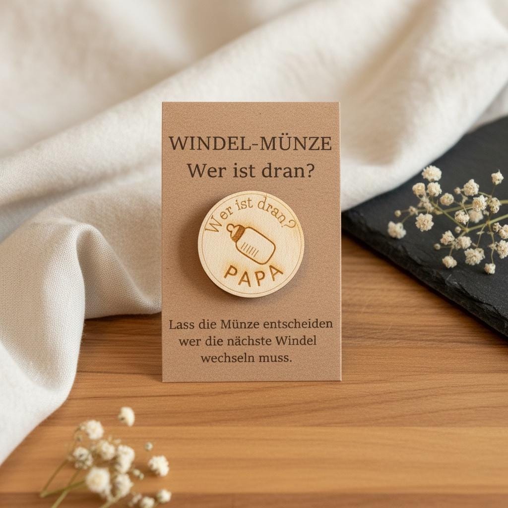 Fläschchenmünze Holz Gravur Mama Papa, Gesamtansicht auf Karte, Das Glückswerk