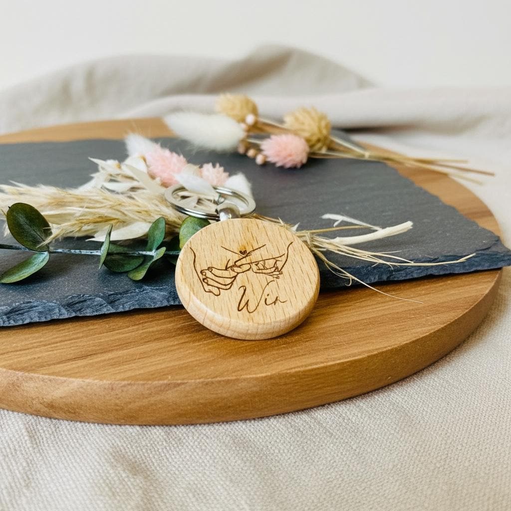 Schlüsselanhänger Holz Familiengravur, runde Form mit 2, 3 oder 4 Händen, Geschenk Familie Paar, DasGlueckswerk, Schlüsselanhänger, Keychains, Holz, metall