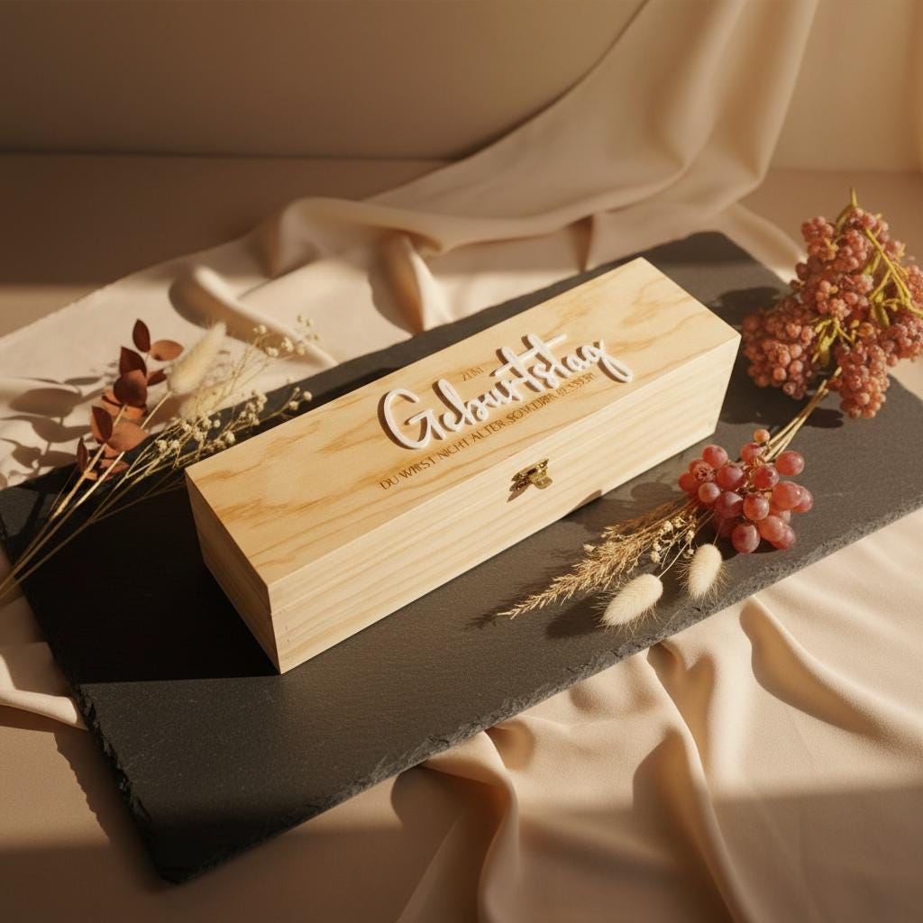 Weinkiste personalisiert, Holzbox mit Gravur zum Geburtstag, Geschenkverpackung für Wein, DasGlueckswerk, Küche & Genuss, Boxes & Bins, Holz, Acryl
