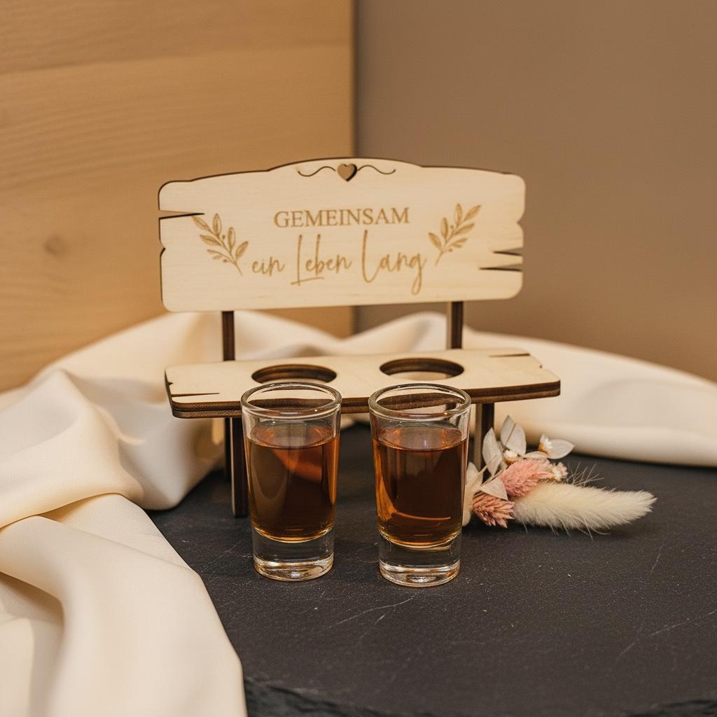 Holzbank Hochzeit Paargeschenk, Gravur Hand in Hand ein Leben lang, mit Schnapsgläsern, DasGlueckswerk, Dekoration, Figurines & Knick Knacks, holz, Glas