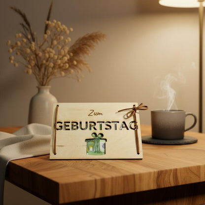 Geldgeschenk Karte Holz Lederband, Geburtstagskarte aus Holz, Größe A4 bis A7, DasGlueckswerk, Geburtstag, Greeting Cards, holz, leder