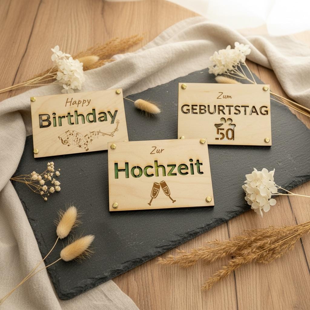 Geldgeschenk Karte aus Holz mit Lederband, individualisierte Gravur, Hochzeit Taufe, DasGlueckswerk, Hochzeit & Liebe, Greeting Cards, 