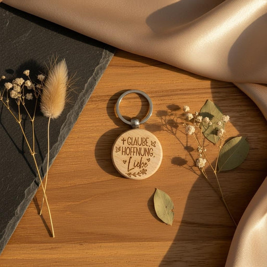 Schlüsselanhänger Glaube Hoffnung Liebe mit Kreuz, Holz Anhänger Erstkommunion, christliches Geschenk, DasGlueckswerk, Schlüsselanhänger, Keychains, holz, metall