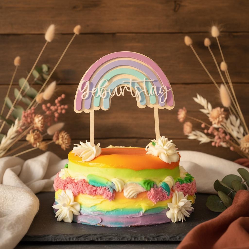 Cake Topper Geburtstag aus Holz & Acryl 3D Regenbogen – Personalisierte Tortendeko, Kindergeburtstag, Party Dekoration