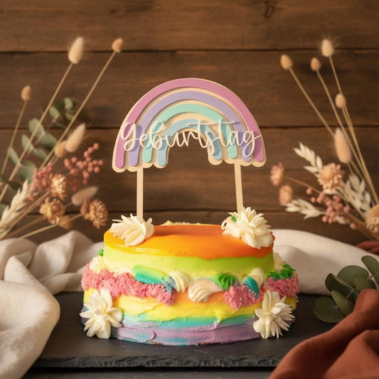 Cake Topper Geburtstag aus Holz & Acryl 3D Regenbogen – Personalisierte Tortendeko, Kindergeburtstag, Party Dekoration Das Glückswerk