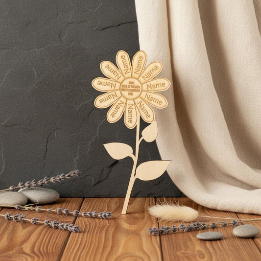 Holzblume mit Gravur, 27 cm hoch, Abschiedsgeschenk für Erzieherin