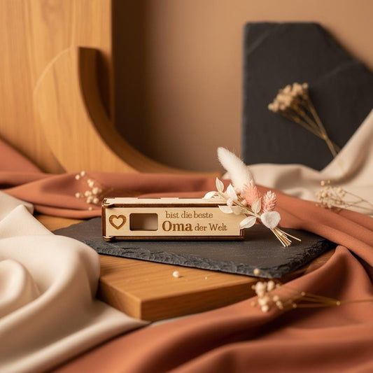 Schokoriegel Case Holz mit Aufschrift Beste Oma, Geschenk zum Muttertag