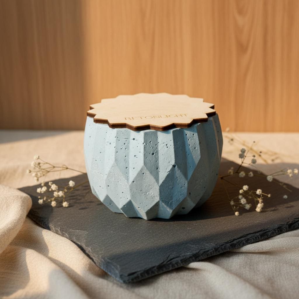 Betonkerze Betonlicht mit Holzdeckel auf Schreibtisch