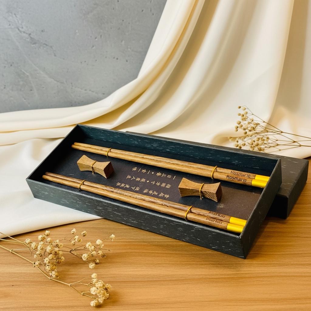 Könnte beinhalten: Ein Set aus Holzstäbchen mit passenden Ablagen, präsentiert in einer dunkelgrauen Box. Die Essstäbchen haben eine natürliche Holzmaserung mit gelben Akzenten und dem eingravierten Namen "Rosmarie". Die Box hat Text in einer Fremdsprache. Personalisiertes Essstäbchen-Set
Mit Name, Datum oder Wunschtext
Geschenk für Sushi-Fans