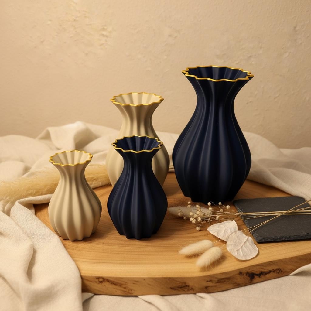 3D Vase "Mary" mit Goldrand – moderne Luxus Deko Vase wasserdicht in Blau oder Creme, Waben Design, stilvolle Geschenkidee