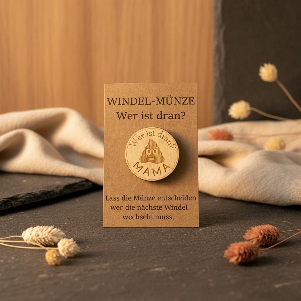 Windelmünze aus Holz – Babygeschenk zur Geburt, lustiges Geschenk für Eltern, Babyparty Mitbringsel für Mama & Papa mit poop Windelmünze Das Glückswerk