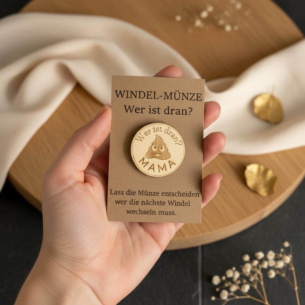 Windelmünze aus Holz – Babygeschenk zur Geburt, lustiges Geschenk für Eltern, Babyparty Mitbringsel für Mama & Papa mit poop Windelmünze Das Glückswerk