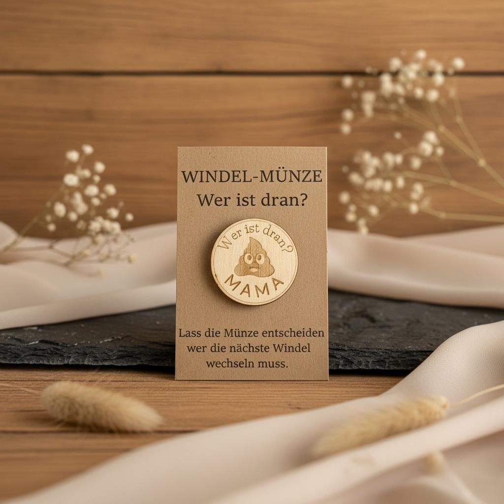 Windelmünze aus Holz – Babygeschenk zur Geburt, lustiges Geschenk für Eltern, Babyparty Mitbringsel für Mama & Papa mit poop Windelmünze Das Glückswerk