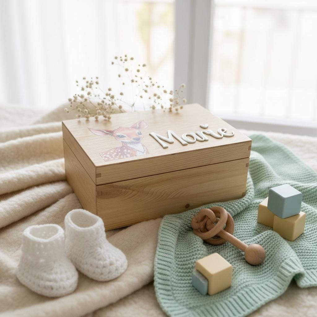 Holzkiste Rehkiz Waldtier, Namensschild aus Acrylglas, Erinnerungskiste zur Geburt, DasGlueckswerk, Geburt & Baby, Benches & Toy Boxes, holz, acrylglas
