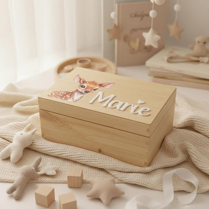 Holzkiste Rehkiz Waldtier, Namensschild aus Acrylglas, Erinnerungskiste zur Geburt, DasGlueckswerk, Geburt & Baby, Benches & Toy Boxes, holz, acrylglas