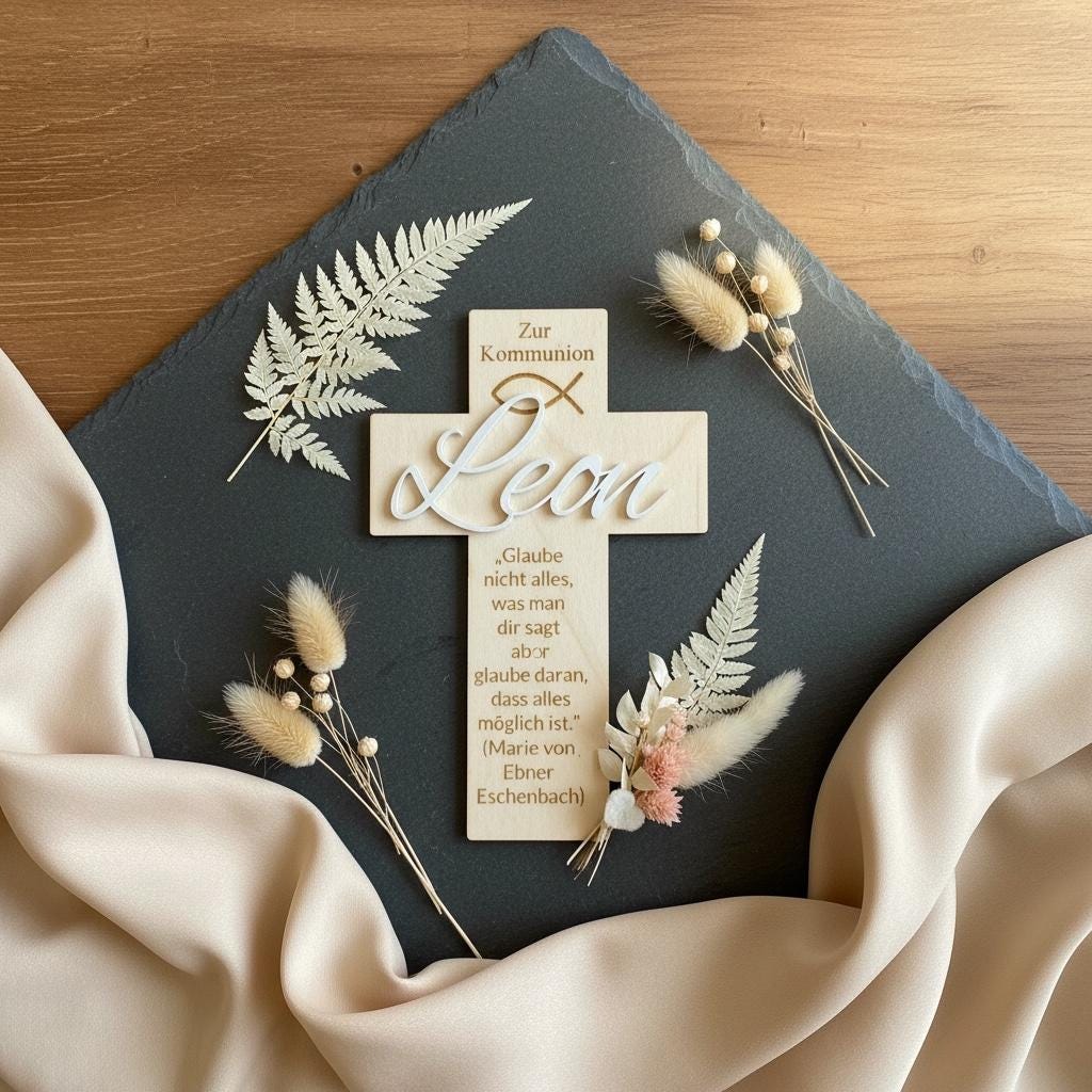Taufkreuz aus Holz und Acrylglas mit Namensgravur „Leon“