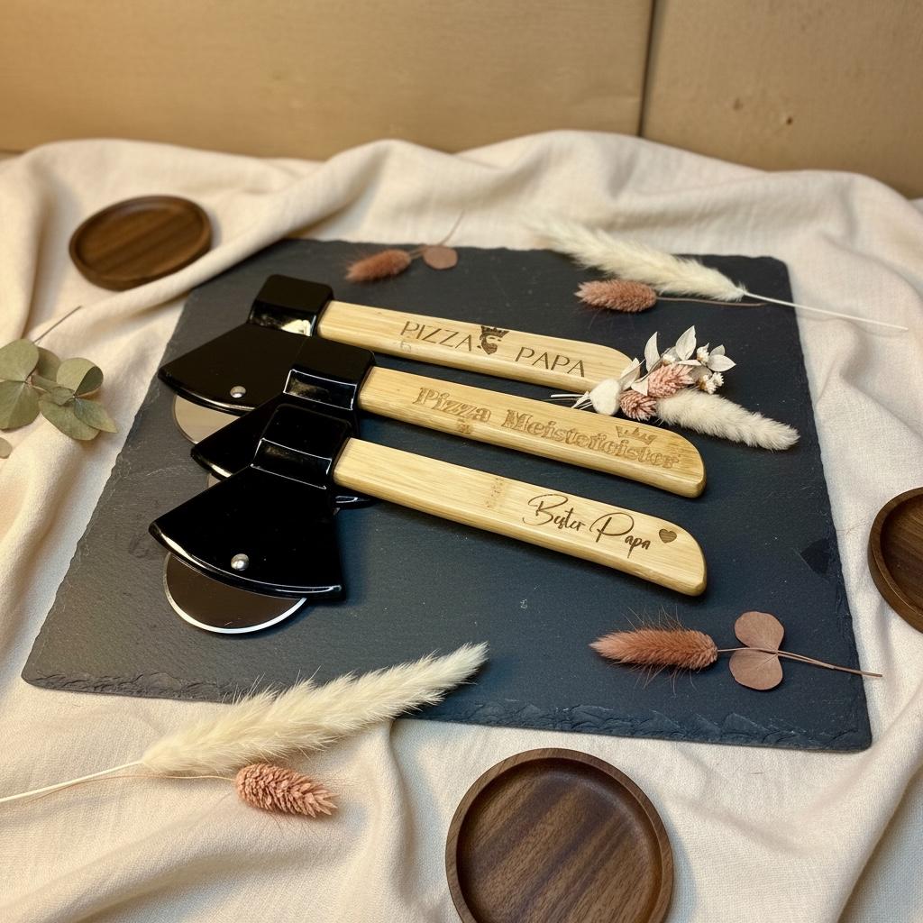 Pizzabeil Deko personalisiert mit Gravur, Pizzaschneider Axtform aus Edelstahl und Holz, Geschenk für Papa, DasGlueckswerk, Geburtstag, Cooking Utensils & Gadgets, holz, edelstahl, plastik