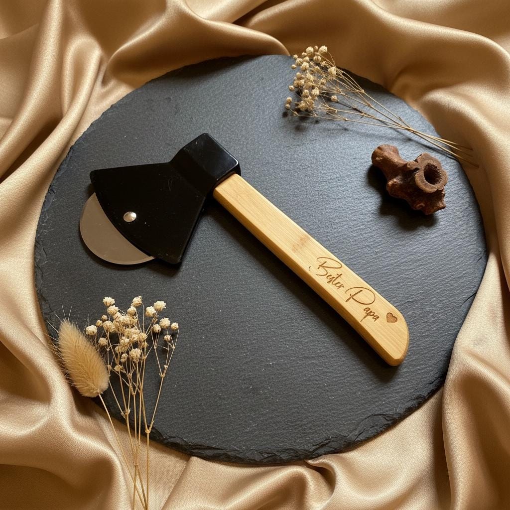Pizzabeil Deko personalisiert mit Gravur, Pizzaschneider Axtform aus Edelstahl und Holz, Geschenk für Papa, DasGlueckswerk, Geburtstag, Cooking Utensils & Gadgets, holz, edelstahl, plastik