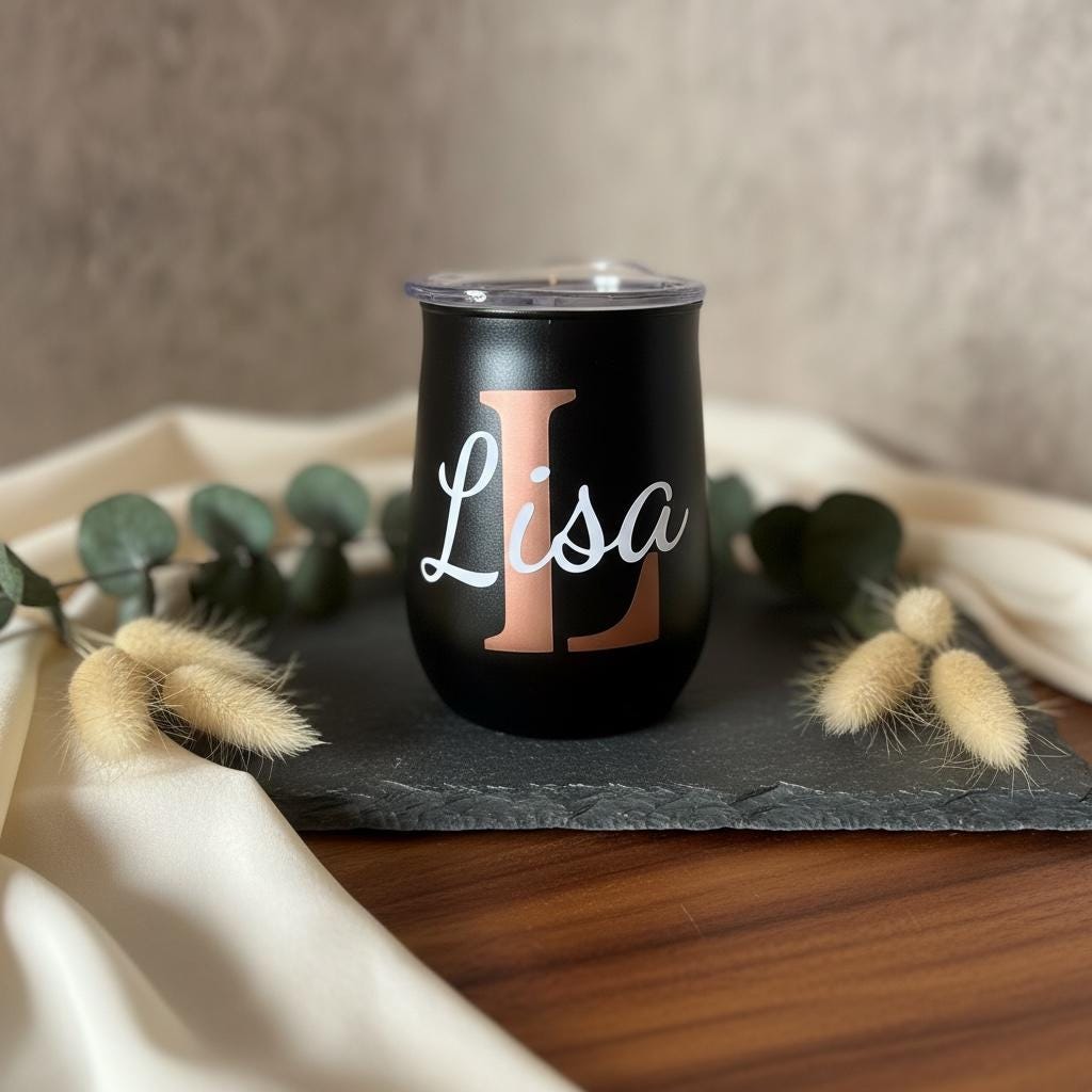 Weinbecher personalisiert mit Namen, Edelstahl schwarz oder grau, Geschenk für Freunde, DasGlueckswerk, Küche & Genuss, Travel Mugs, metall, plastik