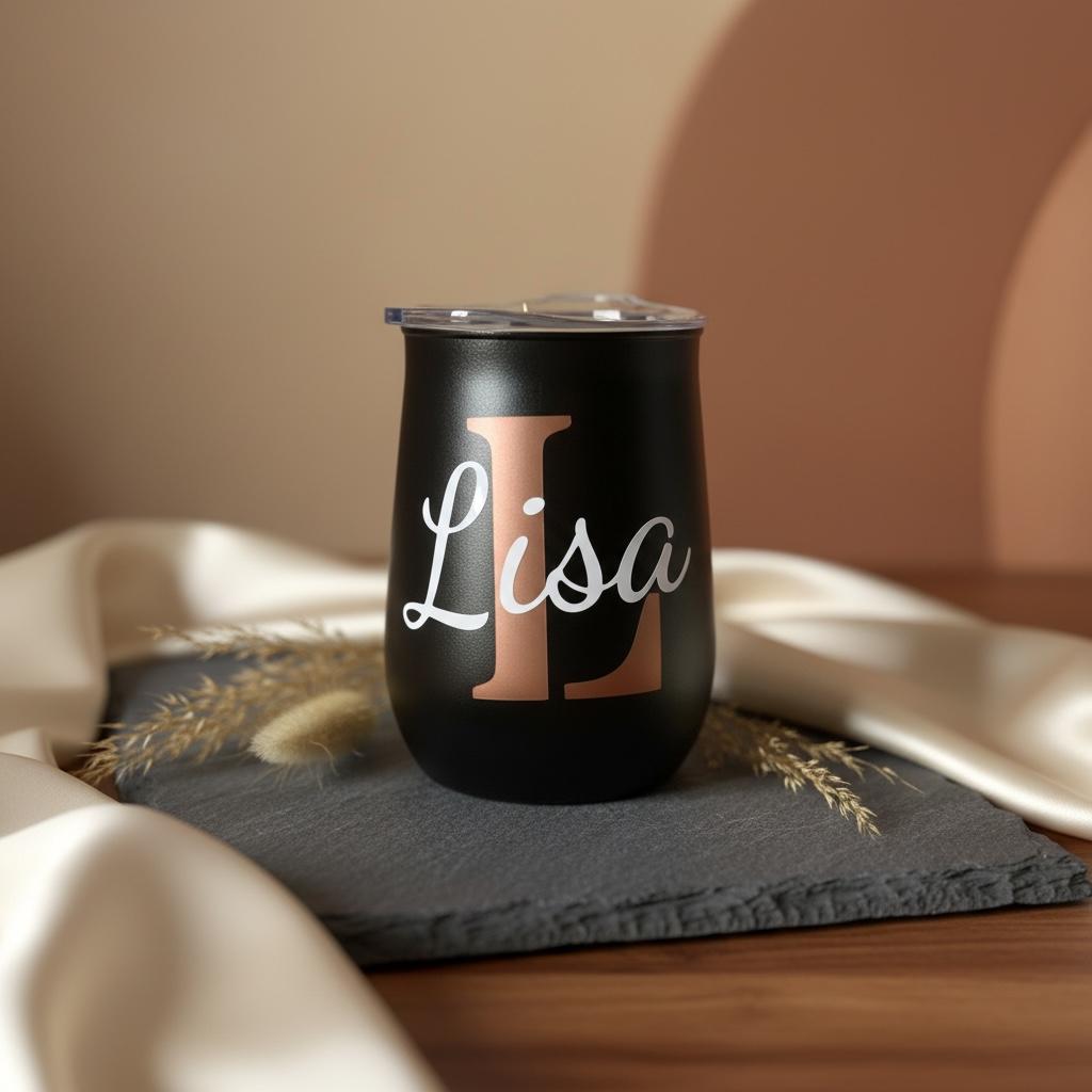 Weinbecher personalisiert mit Namen, Edelstahl schwarz oder grau, Geschenk für Freunde, DasGlueckswerk, Küche & Genuss, Travel Mugs, metall, plastik