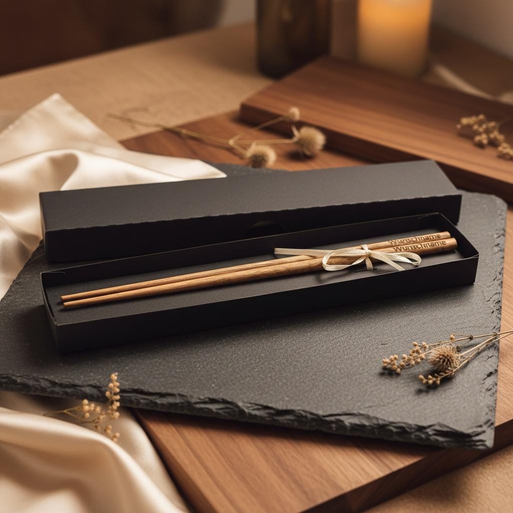 Essstäbchen personalisiert aus Holz, mit Wunschgravur in Geschenkbox, für Sushi und Nudeln, DasGlueckswerk, Hochzeit & Liebe, Chopsticks, Holz, Pappe