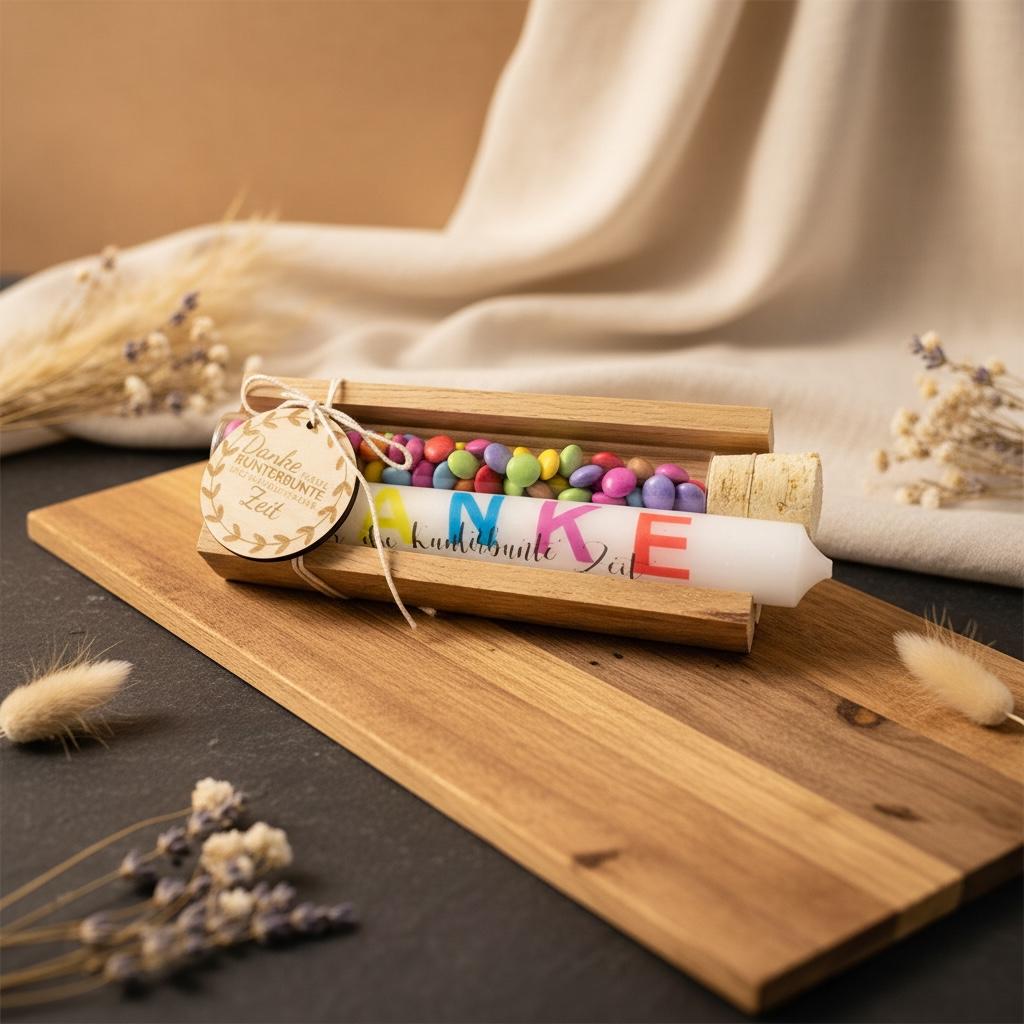 Abschiedsgeschenk Erzieherin, Kerze mit Glasröhrchen, Danke Geschenk Kita Kindergarten, DasGlueckswerk, Dekoration, Greeting Cards, holz, Wachs, Glas, Kork