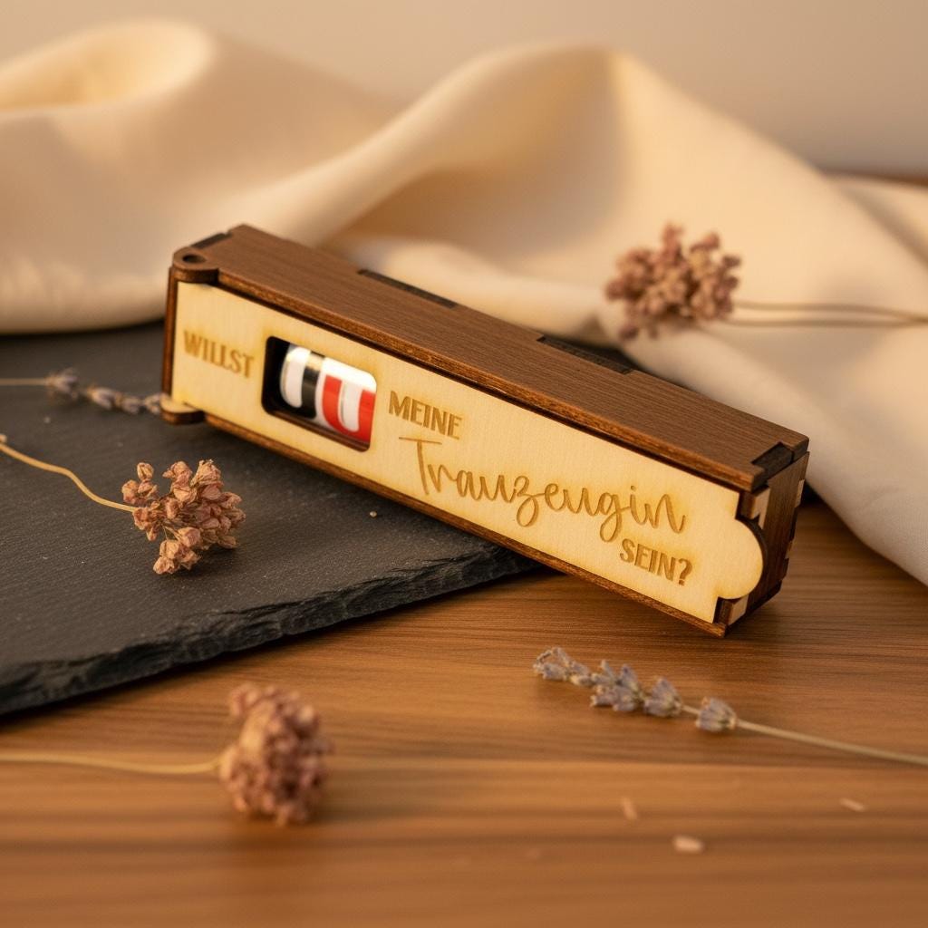 Schokoladenhülle Holz Detailansicht der Gravur "Willst du mein Trauzeuge / meine Trauzeugin sein?"