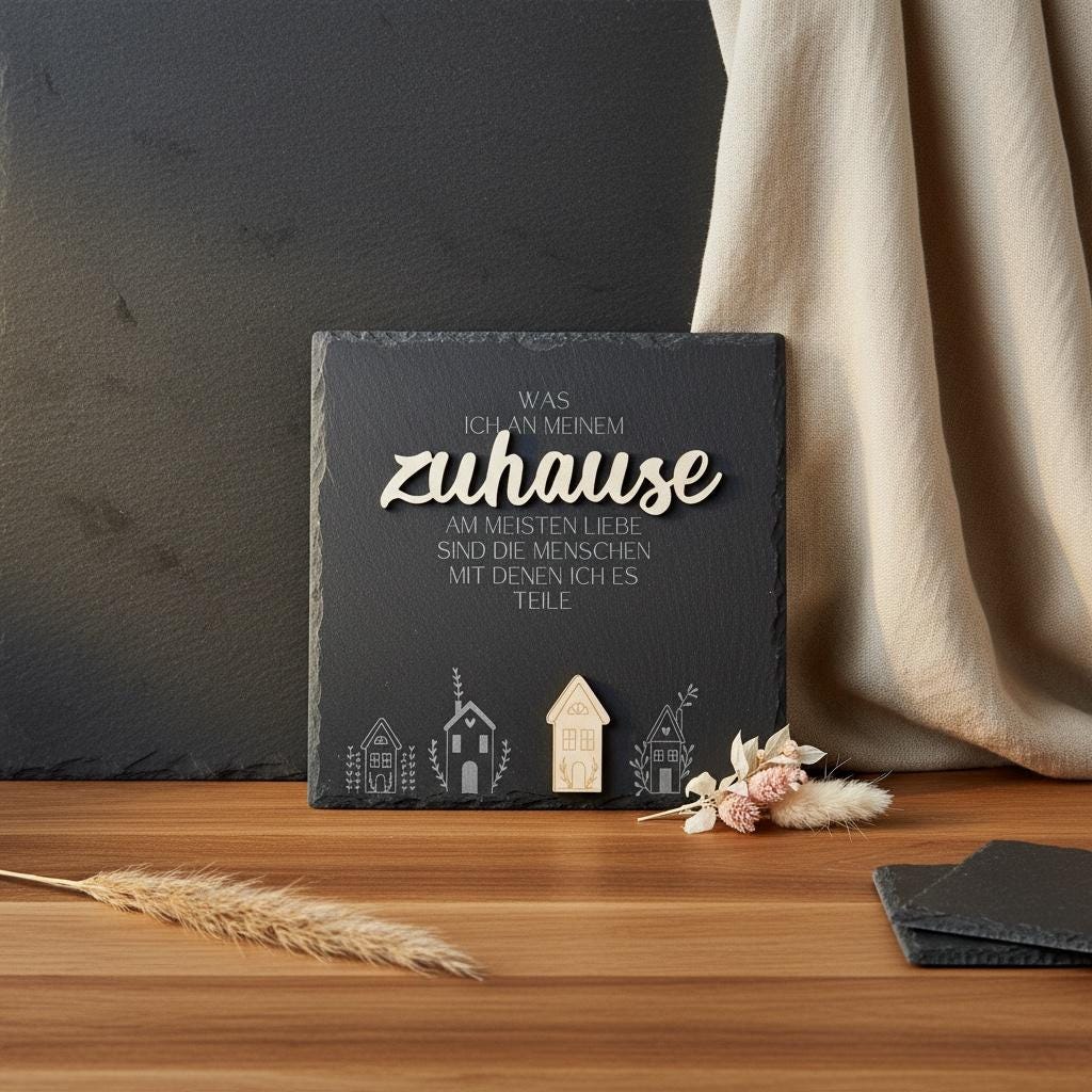Schiefertafel Zuhause aus Schiefer und Holz auf dunklem Holzbrett