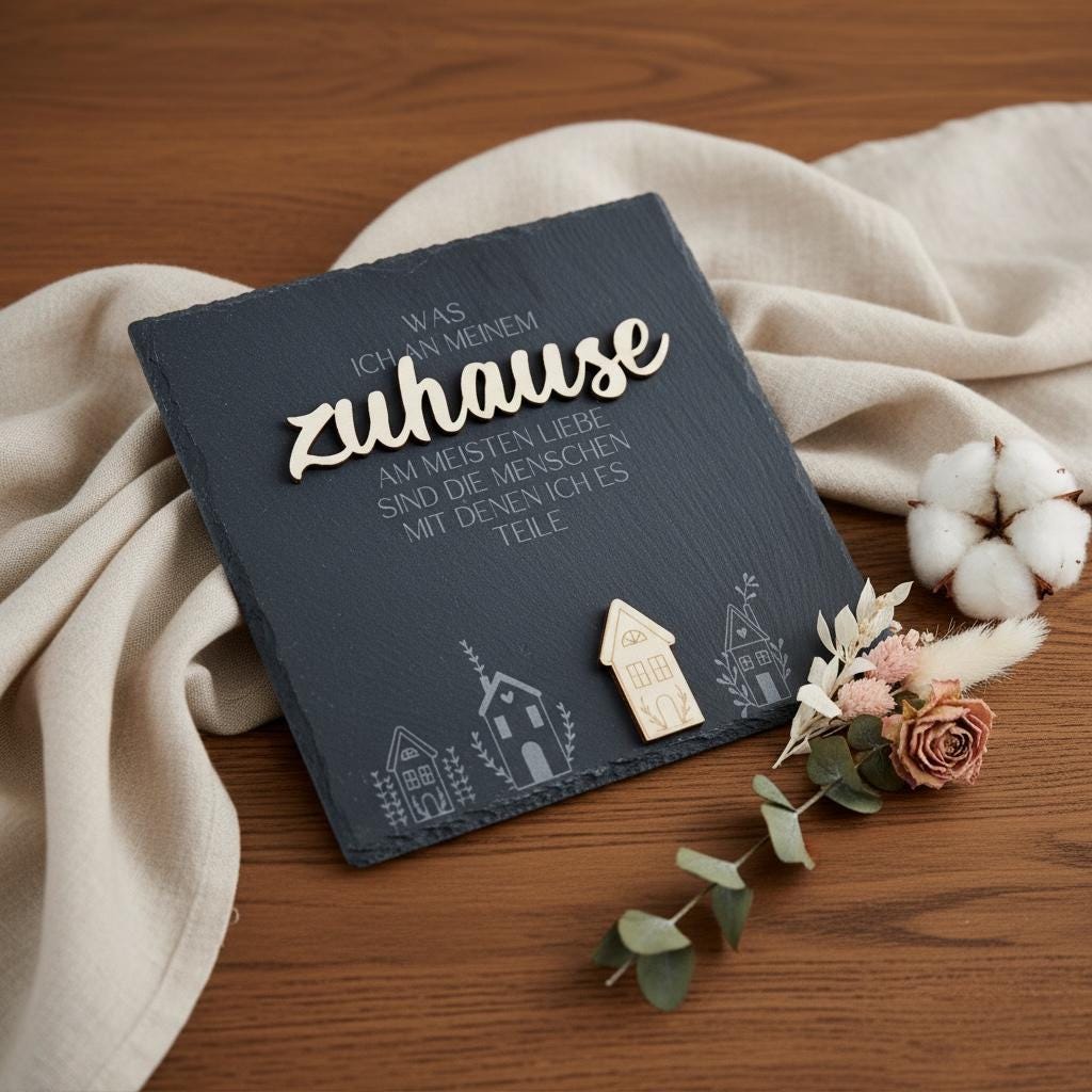 Schiefertafel „Zuhause“ mit Holzschriftzug auf Holztisch mit Stoffdeko