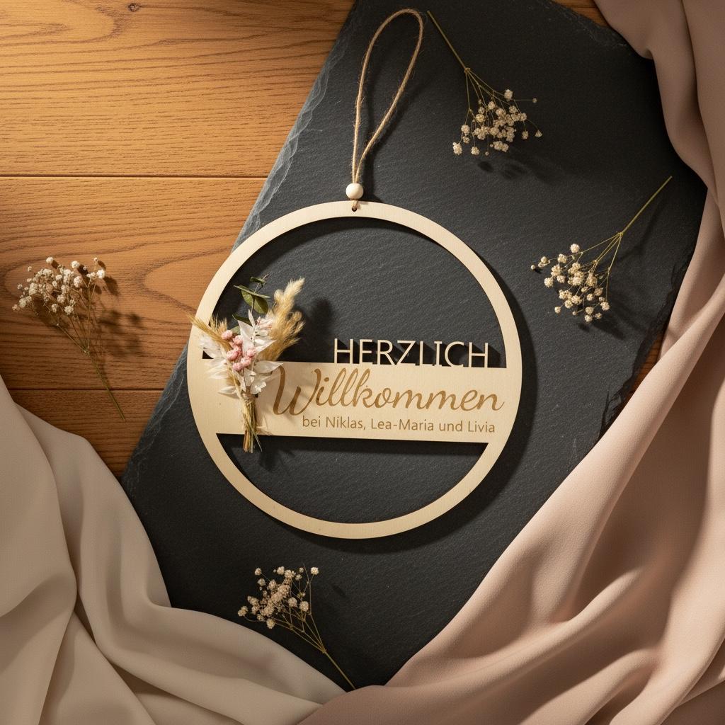 Personalisierter runder Holz-Türkranz mit Namen – Willkommen-Schild für Zuhause Das Glückswerk