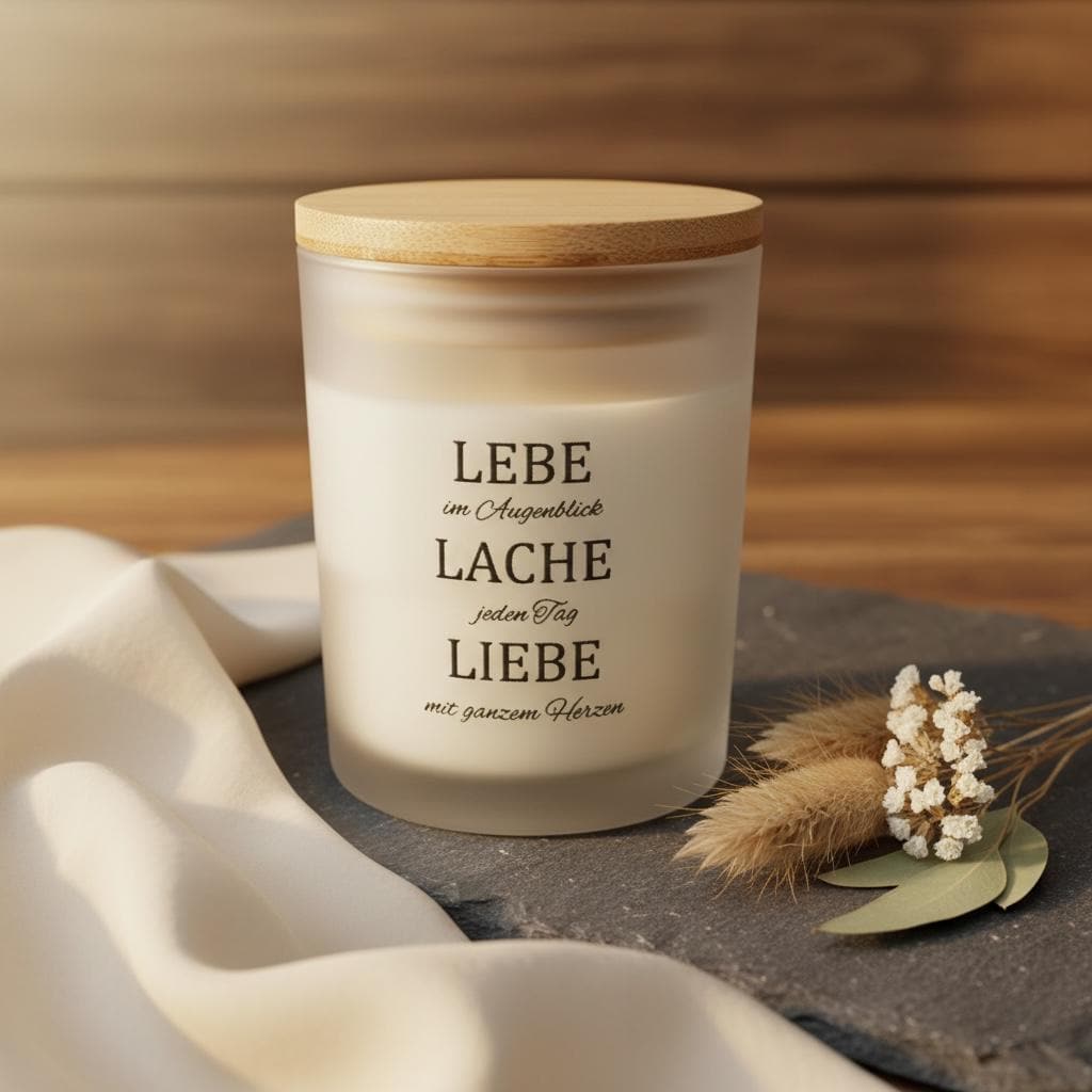 Handgemachte Sojawachs Kerze im Glas mit aholzdeckel und Aufschrift lebe im Augenblick, lache jeden Tag und liebe von ganzem herzen, DasGlueckswerk, Dekoration, Container Candles, Soya, Glas, Holz