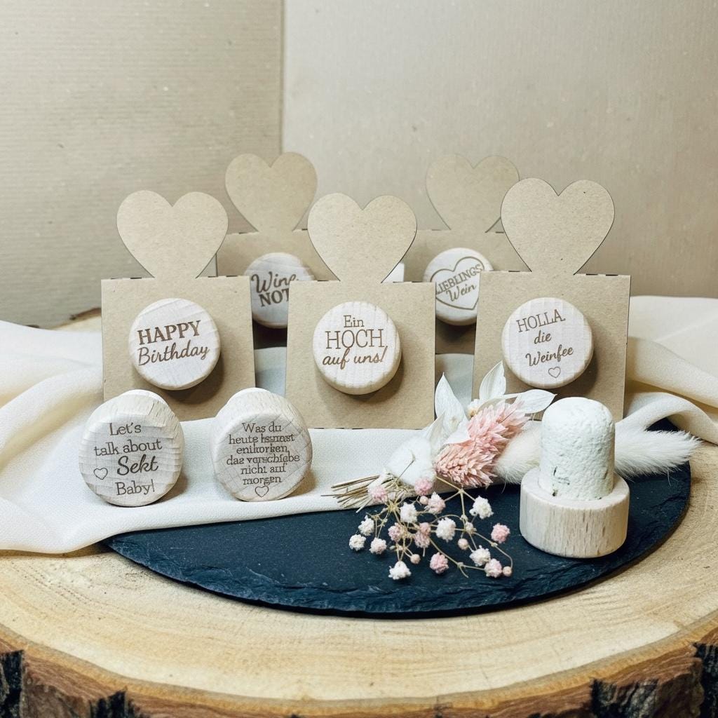 Weinkorken Gravur Tischdeko, dekorativer Holzkorken für Flaschen, Geschenk Hochzeit, DasGlueckswerk, Küche & Genuss, Bottle Stoppers, 