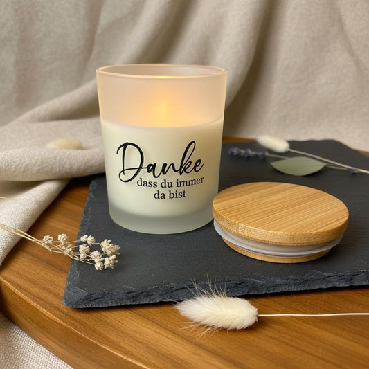 Kerze Milchglas Bambusdeckel, Sojawachs handgegossen, Aufdruck Danke dass du immer da bist, DasGlueckswerk, Dekoration, Container Candles, Soya, glas